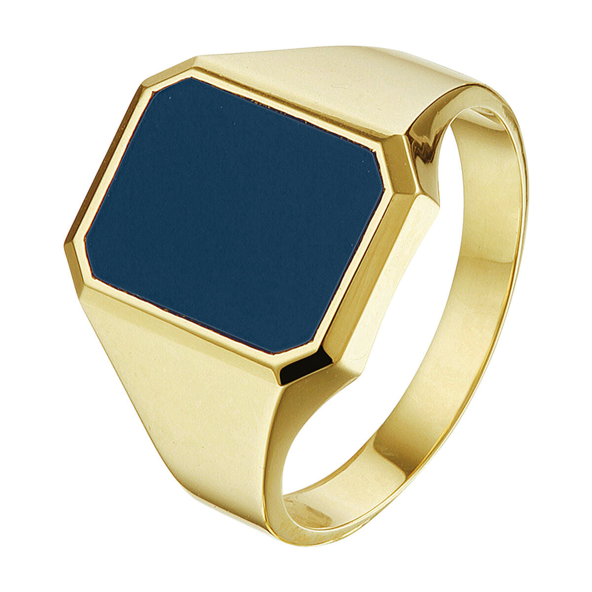 Een Van der Kooij Collectie zegelring massief lagensteen 14K geelgoud met een zeshoekige, platte donkerblauwe lagensteen op een witte achtergrond.