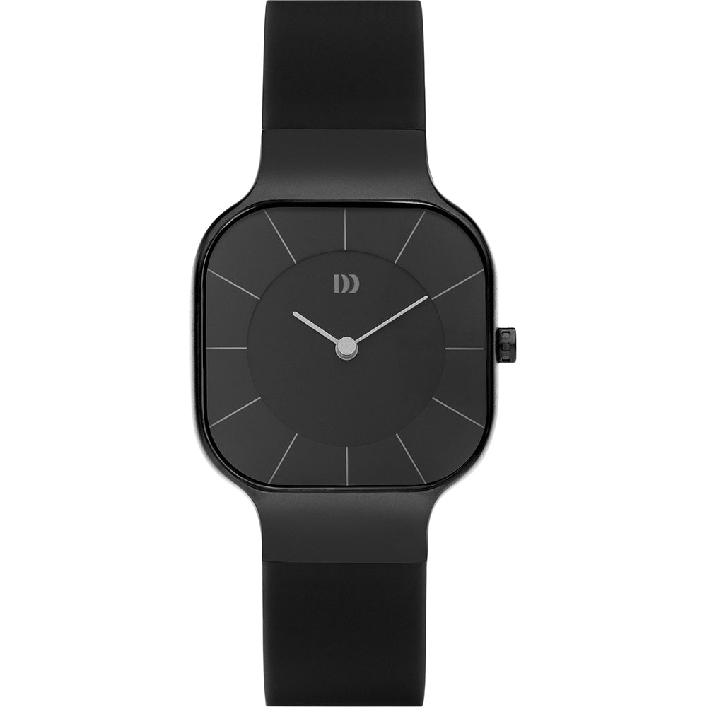 Zwart horloge met een vierkante kast, zwarte wijzerplaat en een rubberen band.