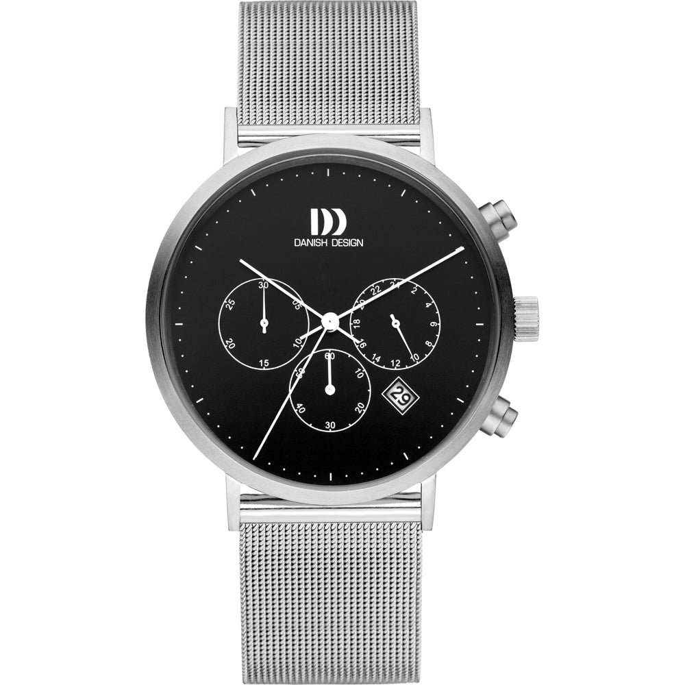 Zilveren horloge met zwarte wijzerplaat, chronograaffunctie en mesh-band.