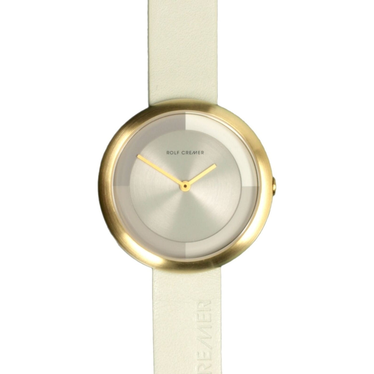 Gouden horloge met een ronde wijzerplaat, witte leren band en gele wijzers.