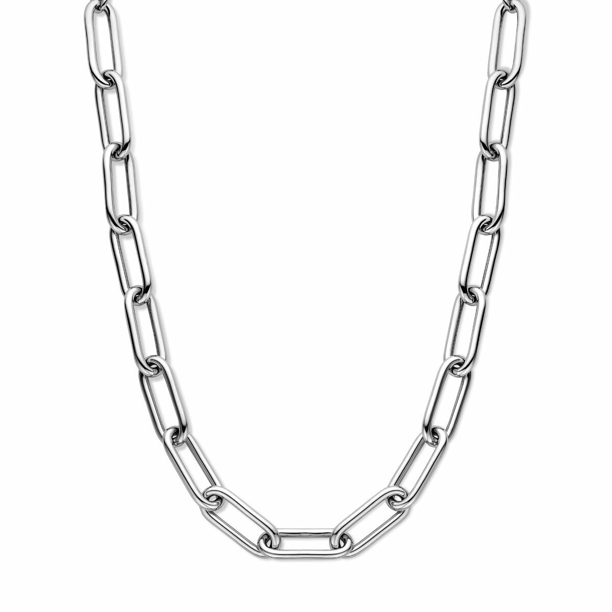Zilveren gerhodineerd collier met paperclip schakels en ronde buizen van 11,5 mm, lengte 43 + 3,5 cm.