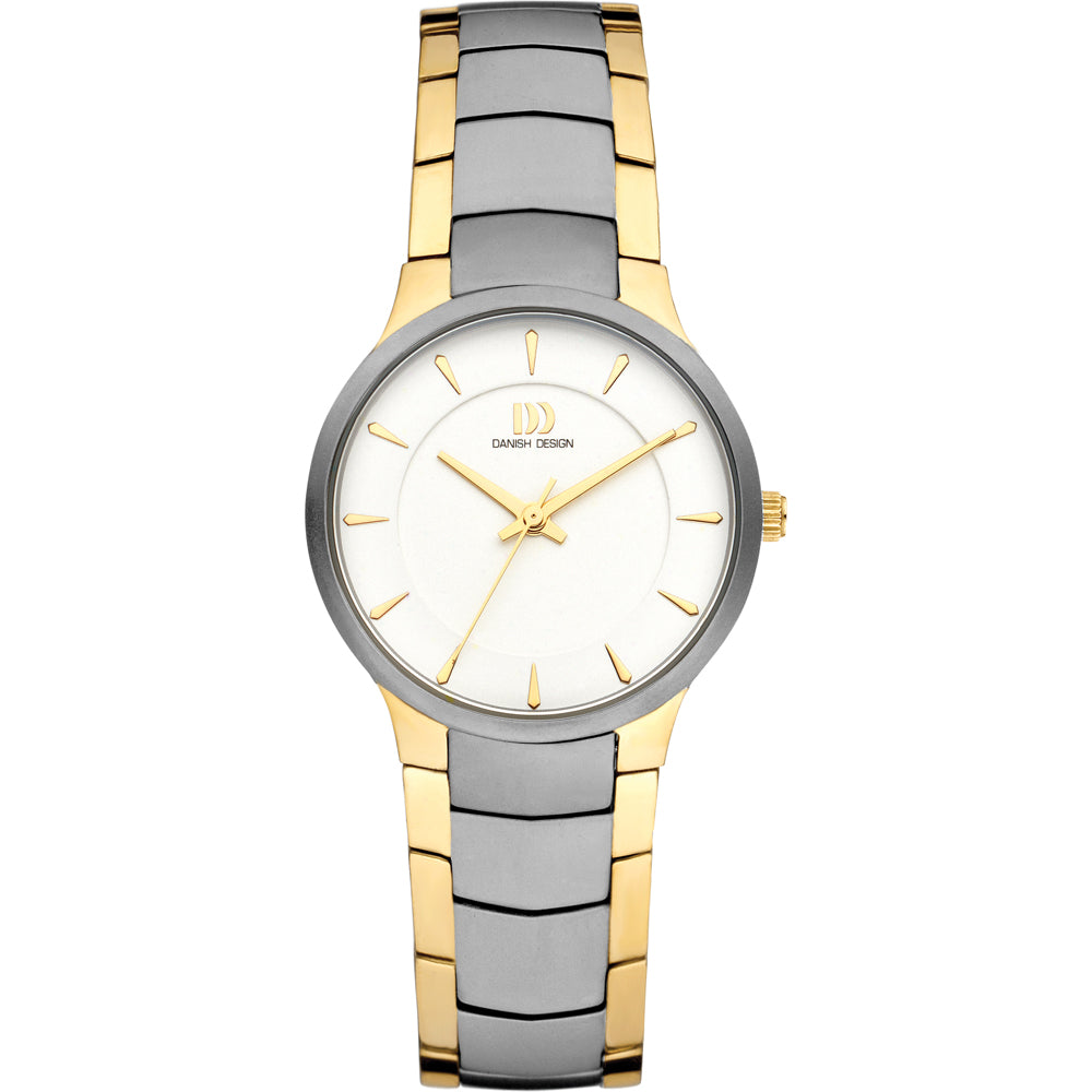 Gouden en zilveren horloge met een witte wijzerplaat en gouden indexen.