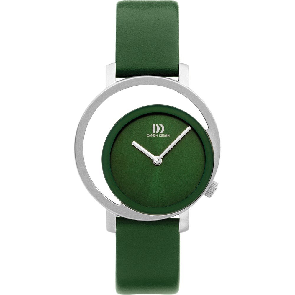 Groen dames horloge met ronde wijzerplaat, zilveren kast en groene leren band.