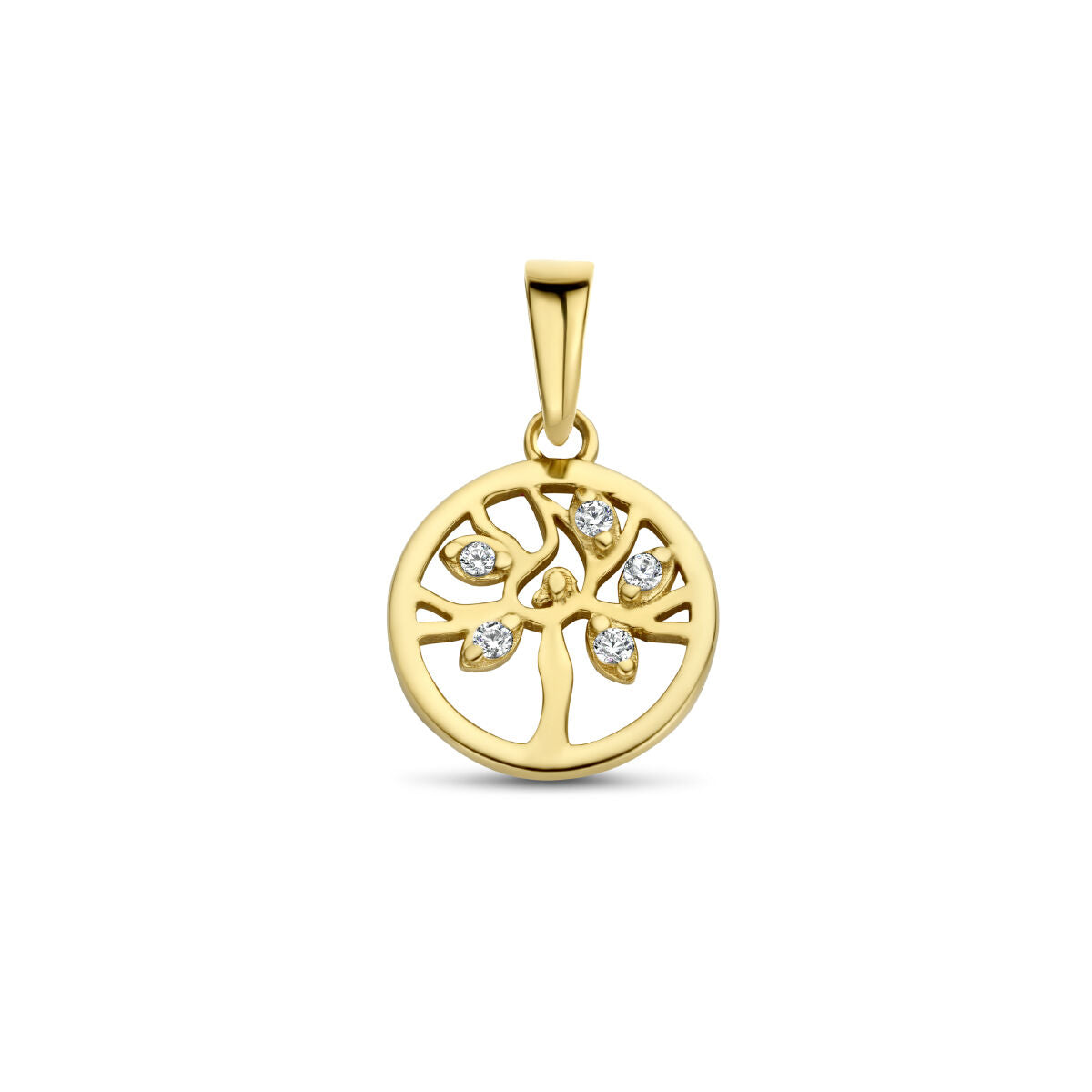 Hanger levensboom van 14K geelgoud met zirkonia steentjes in een ronde vorm.