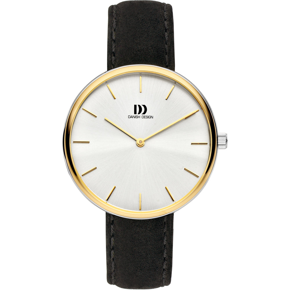 Heren horloge met witte wijzerplaat, gouden indexen en zwarte leren band.