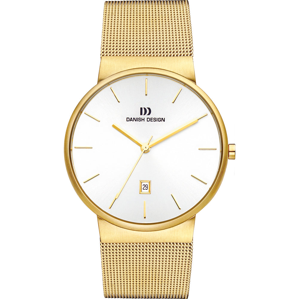 Gouden horloge met een witte wijzerplaat, mesh-band en datumweergave.
