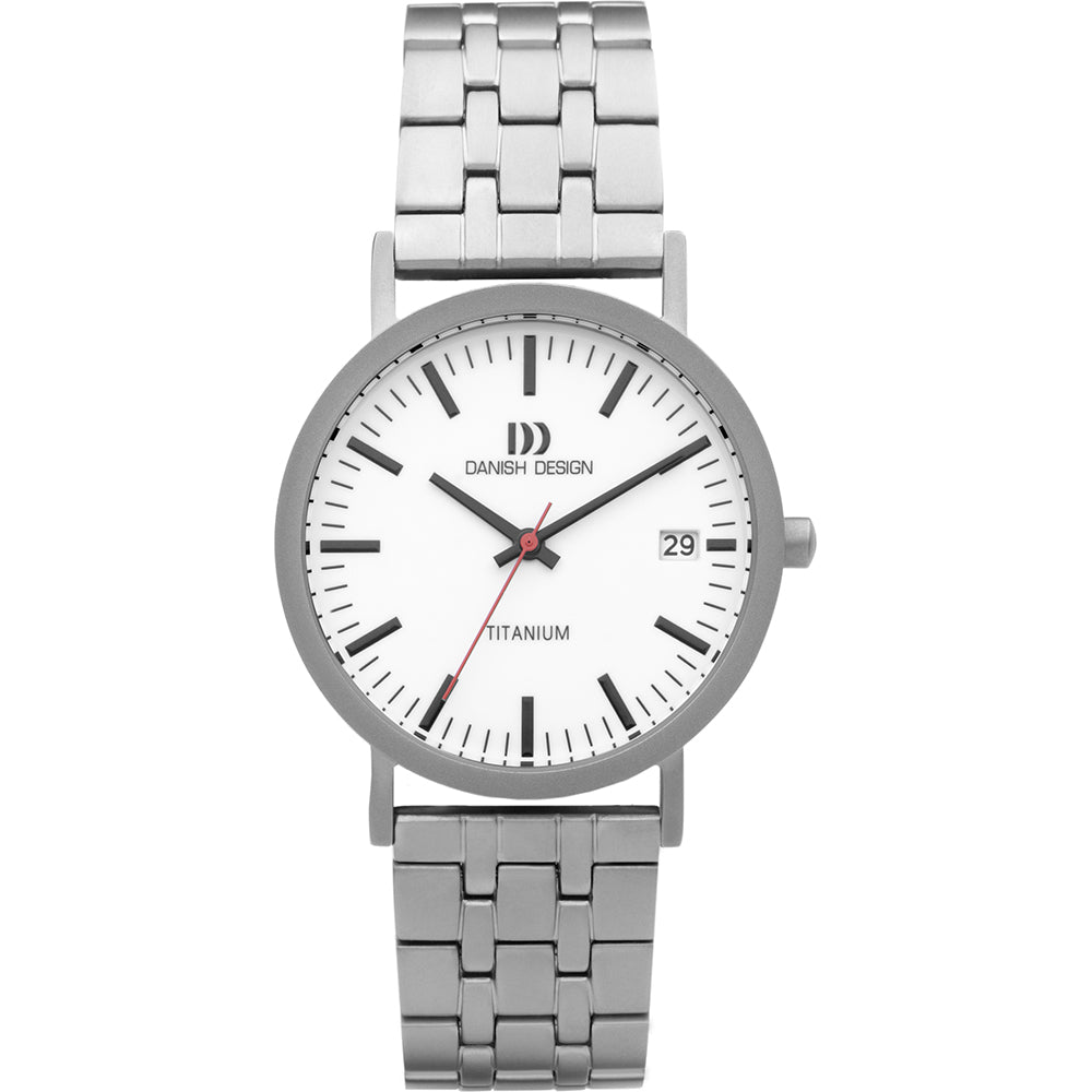 Titanium horloge met een witte wijzerplaat, zwarte indexen en een zilveren schakelband.