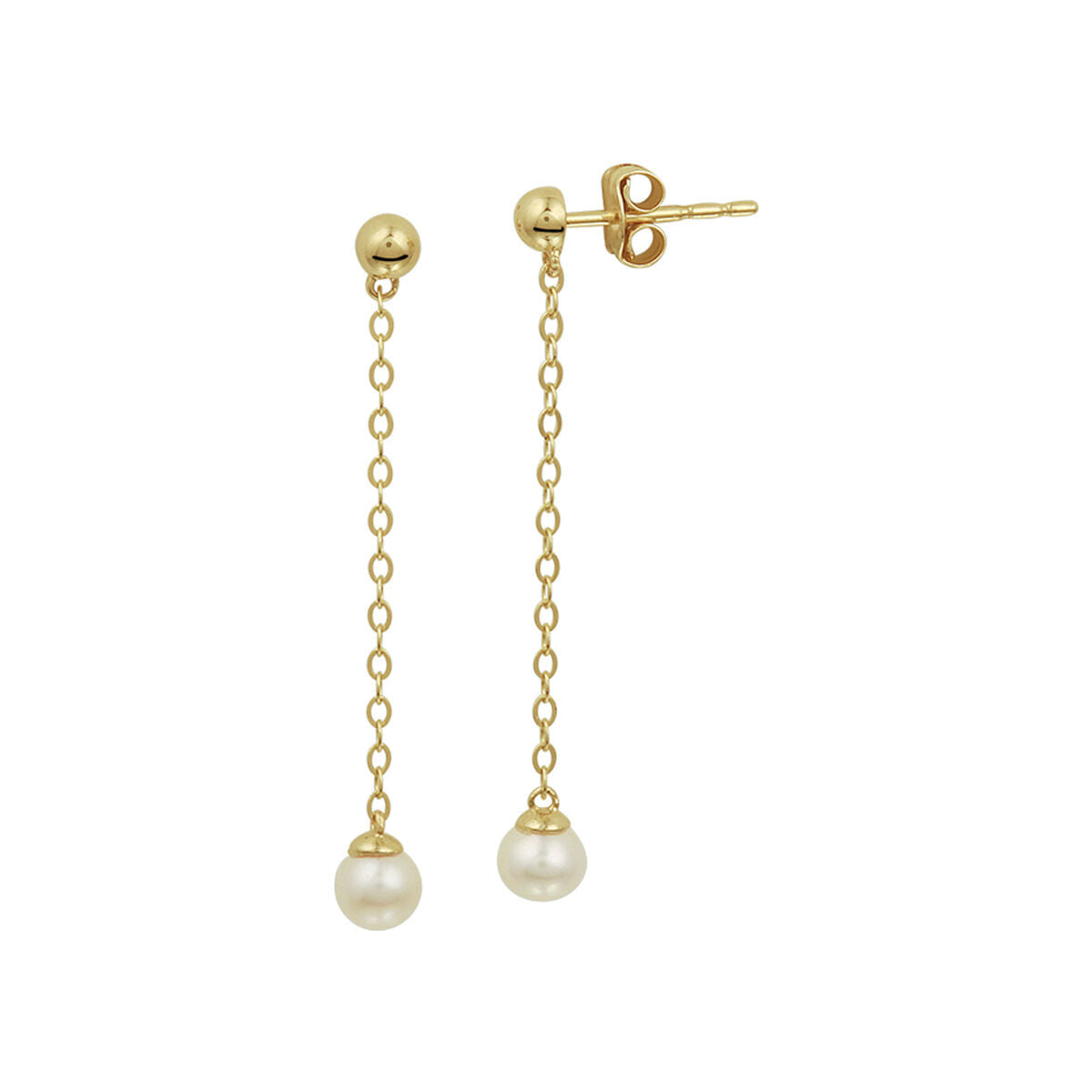 Oorhangers van 14K geelgoud met een lange ketting en parels aan de uiteinden.