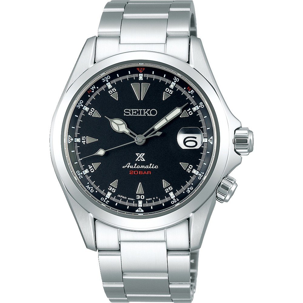 Zilveren heren horloge met zwarte wijzerplaat, automatische beweging en stalen band.
