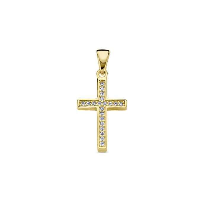 De hanger kruis zirkonia 14K geelgoud uit de Van der Kooij Collectie is een unisex sieraad, bezet met fonkelende zirkonia’s en schittert op een eenvoudige witte achtergrond.