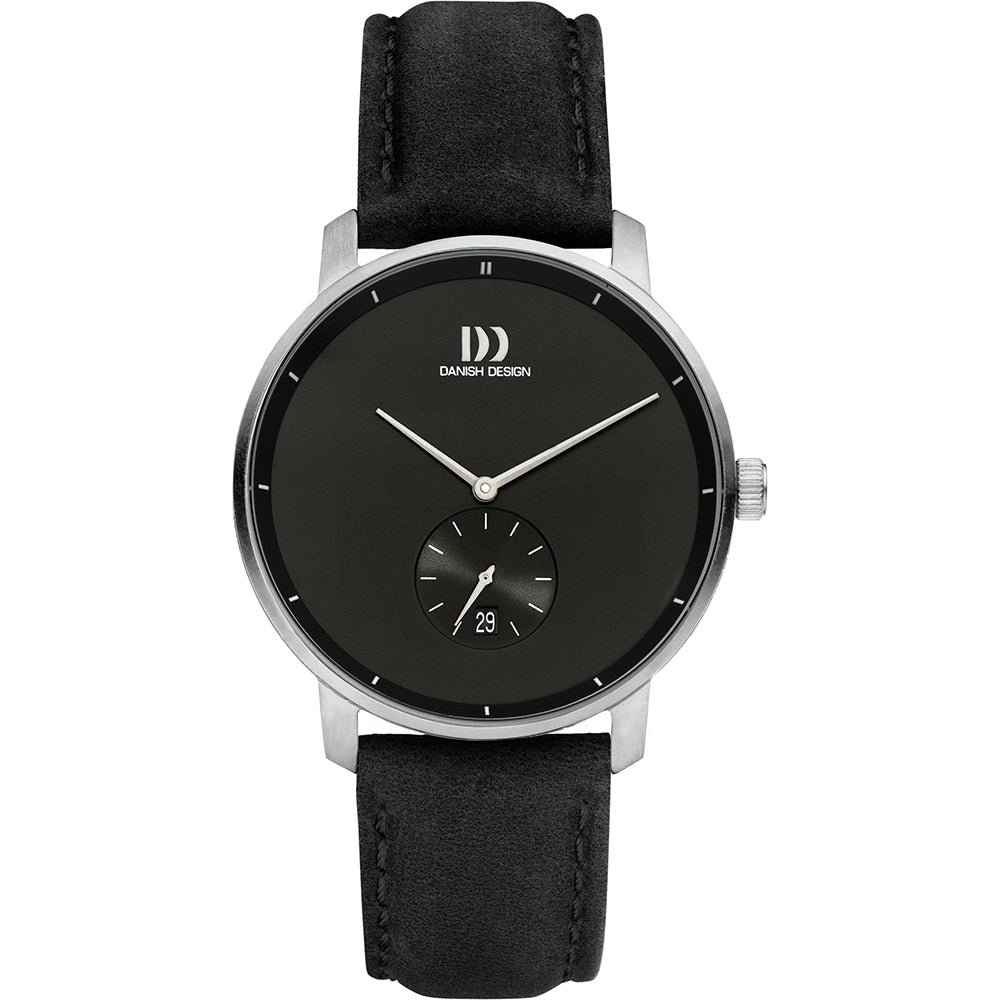 Zwart horloge met een ronde wijzerplaat, zilveren kast en leren band.
