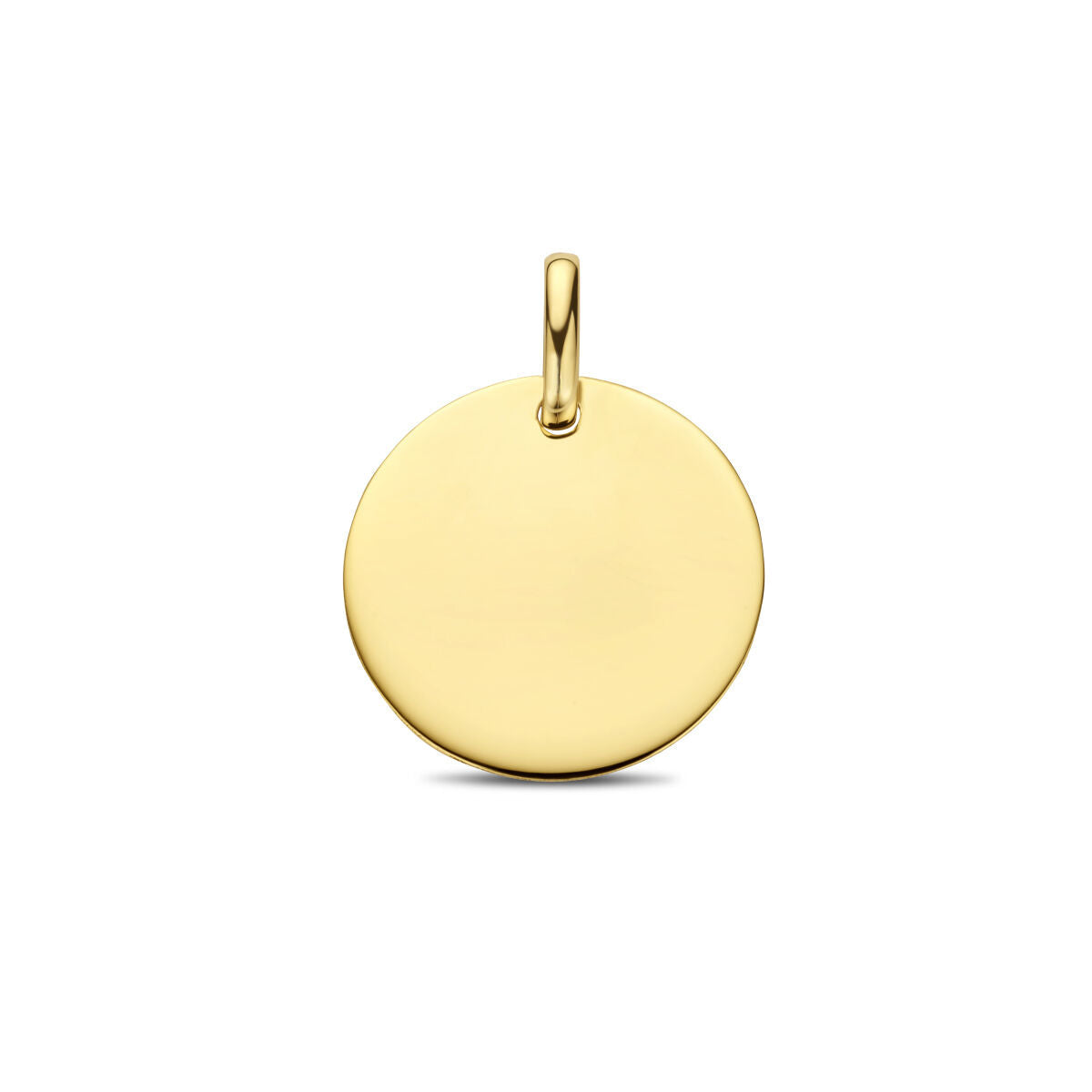 De Van der Kooij Collectie graveerhanger rond 14K geelgoud heeft een gladde, gepolijste afwerking en een kleine bovenlus-ideaal voor het toevoegen van een persoonlijke gravure.