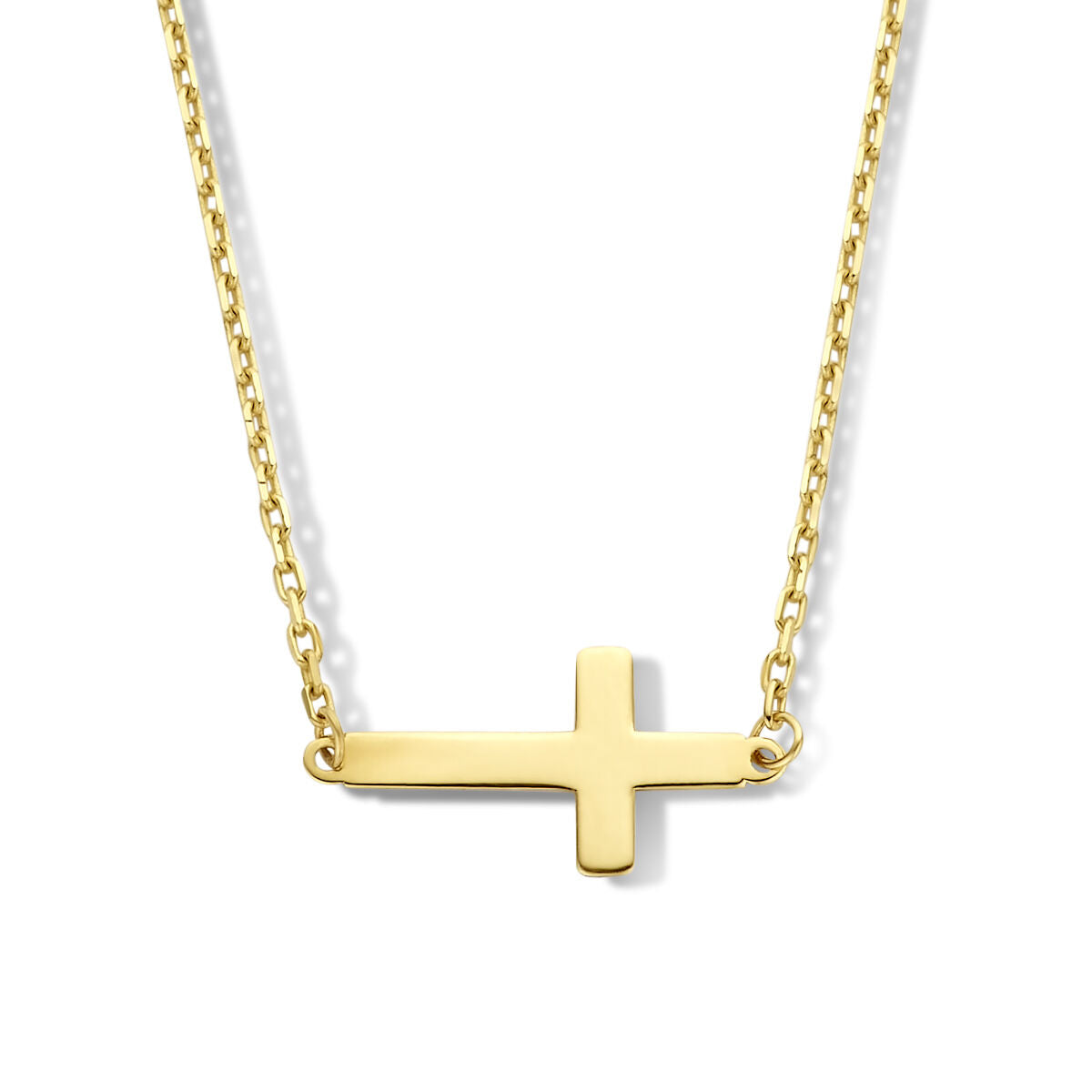 Gouden damesketting met een eenvoudig kruis in 14K goud, met een fijne schakelketting.