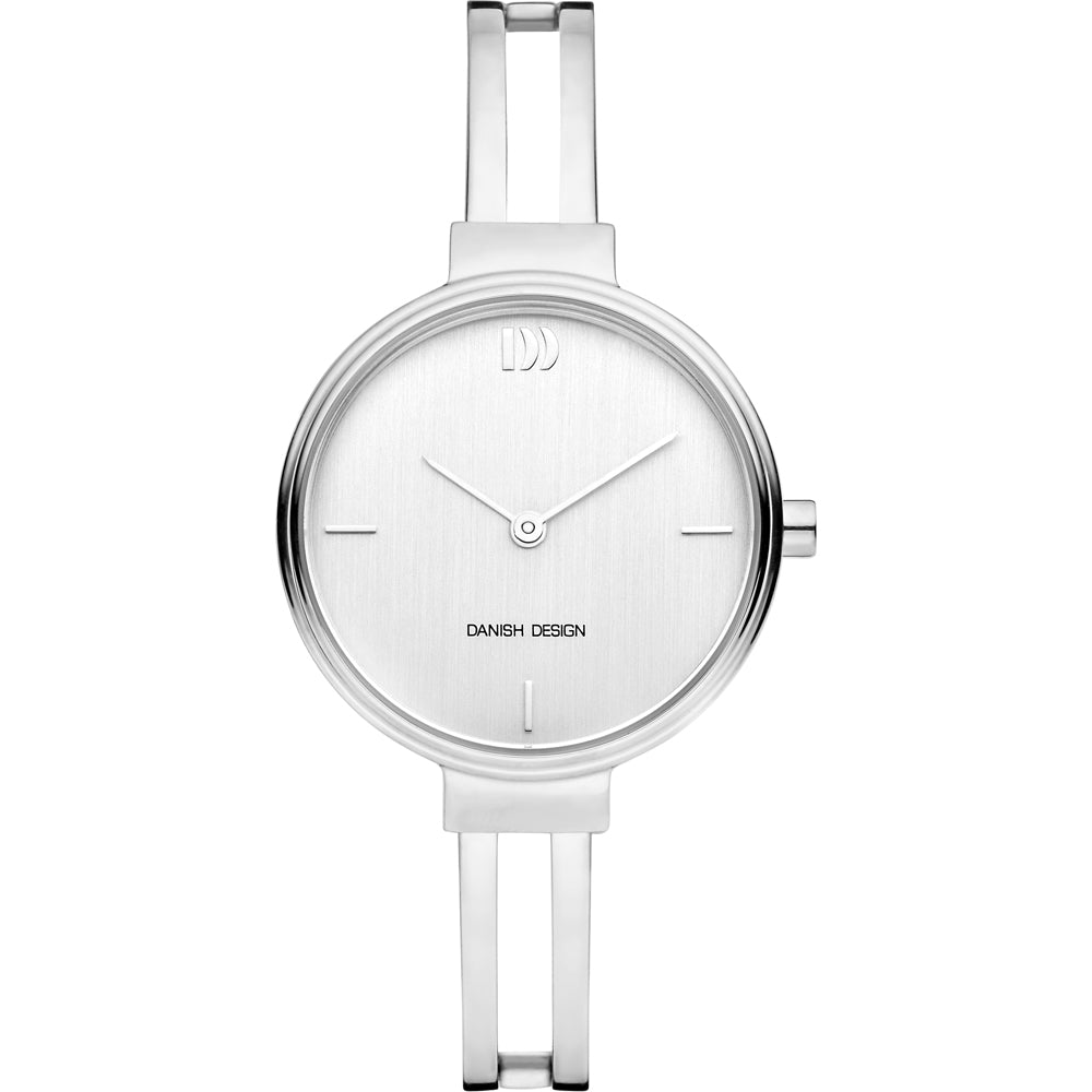 Zilveren horloge met een strakke, ronde wijzerplaat en een minimalistisch ontwerp.