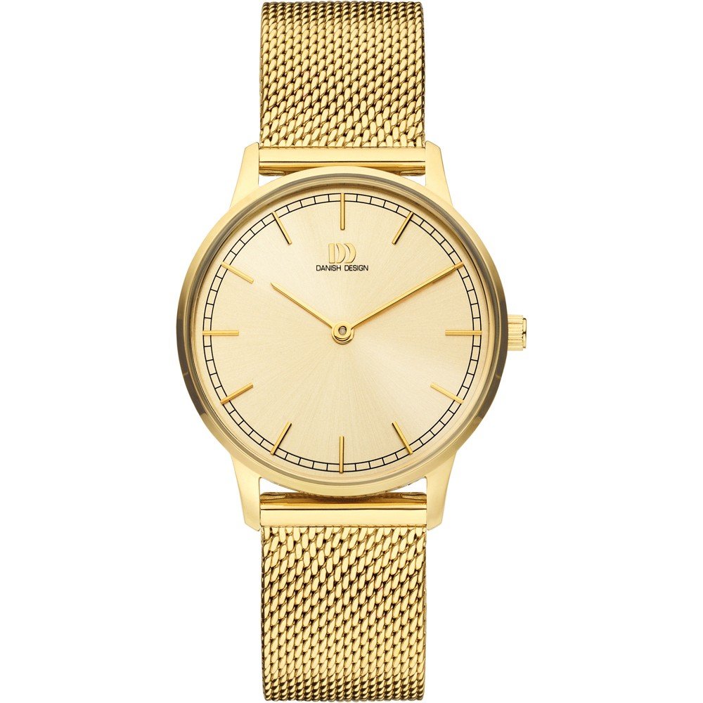 Gouden horloge met een ronde wijzerplaat, mesh-band en een lichte wijzerplaat.