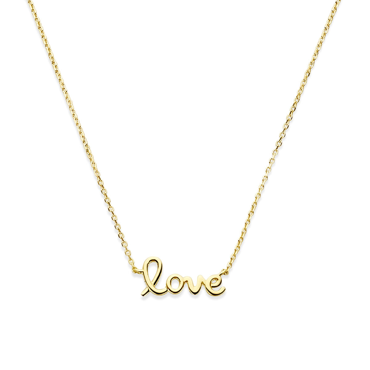 Deze Van der Kooij Collectie collier love (40-42-44 cm) in 14K geelgoud heeft een delicate fijne ketting met een hanger gegraveerd met "love" in sierlijk schrift, getoond tegen een witte achtergrond.