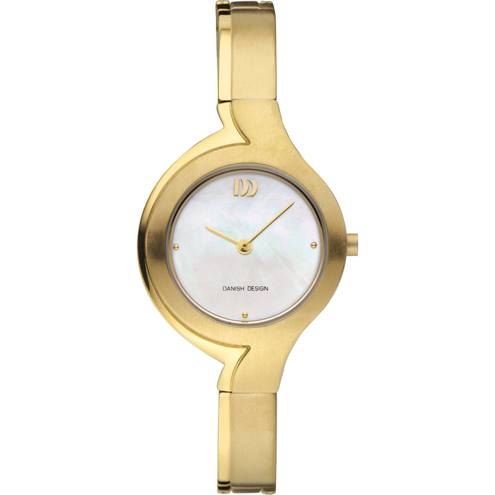 Gouden horloge met een parelmoeren wijzerplaat en een strakke, moderne band.