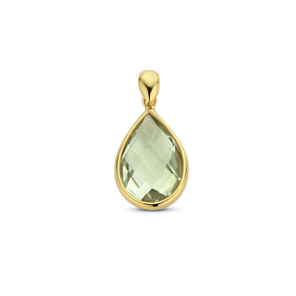 Hanger van 14K geelgoud met een groene amethist in druppelvorm en facetten.