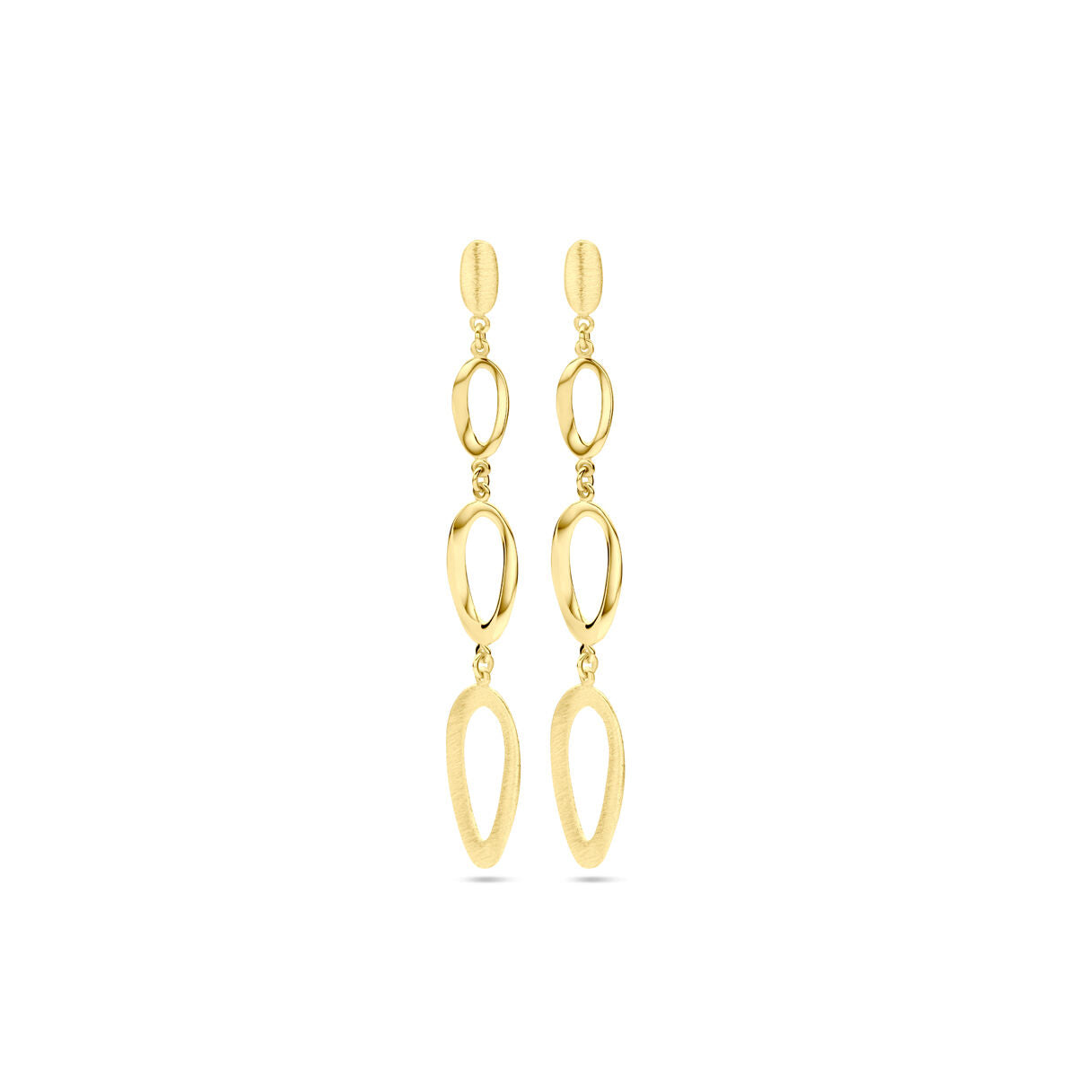 Oorhangers van 14K geelgoud met een combinatie van matte en glanzende afwerkingen in een speelse, hangende vorm.