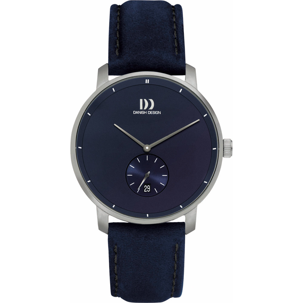 Zilveren horloge met een donkerblauwe wijzerplaat en een blauwe leren band, voorzien van een datumweergave.