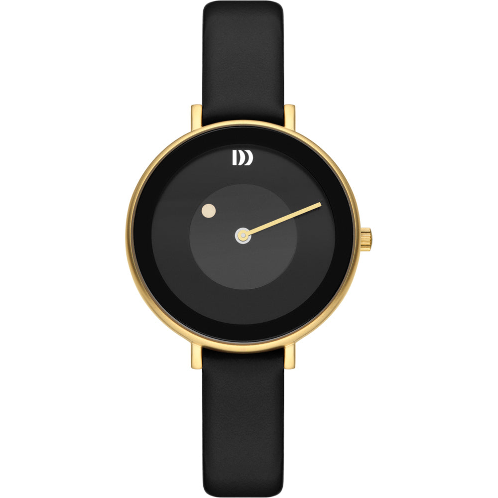 Zwart horloge met een ronde wijzerplaat, gouden kast en een zwarte leren band.