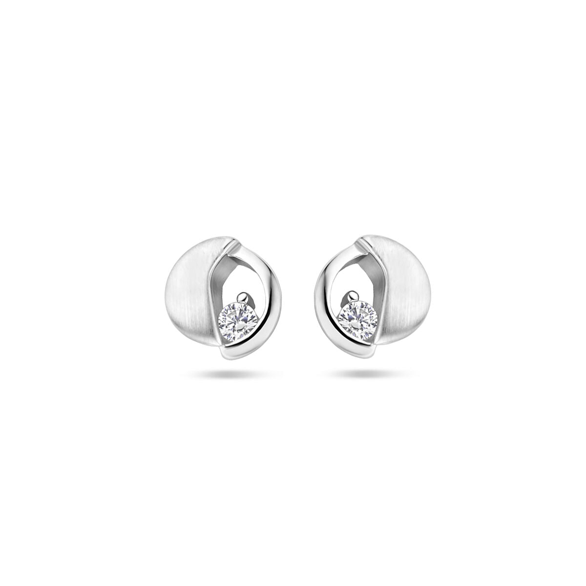 Oorknoppen van gerhodineerd zilver met een combinatie van een matte en glanzende afwerking, versierd met zirkonia.