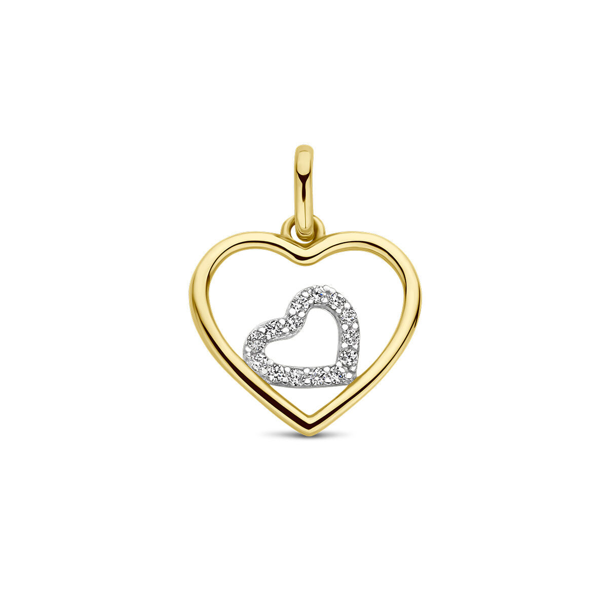 Hanger in de vorm van een hart van 14K bicolor goud, met een witte zirkonia hartvorm binnenin.