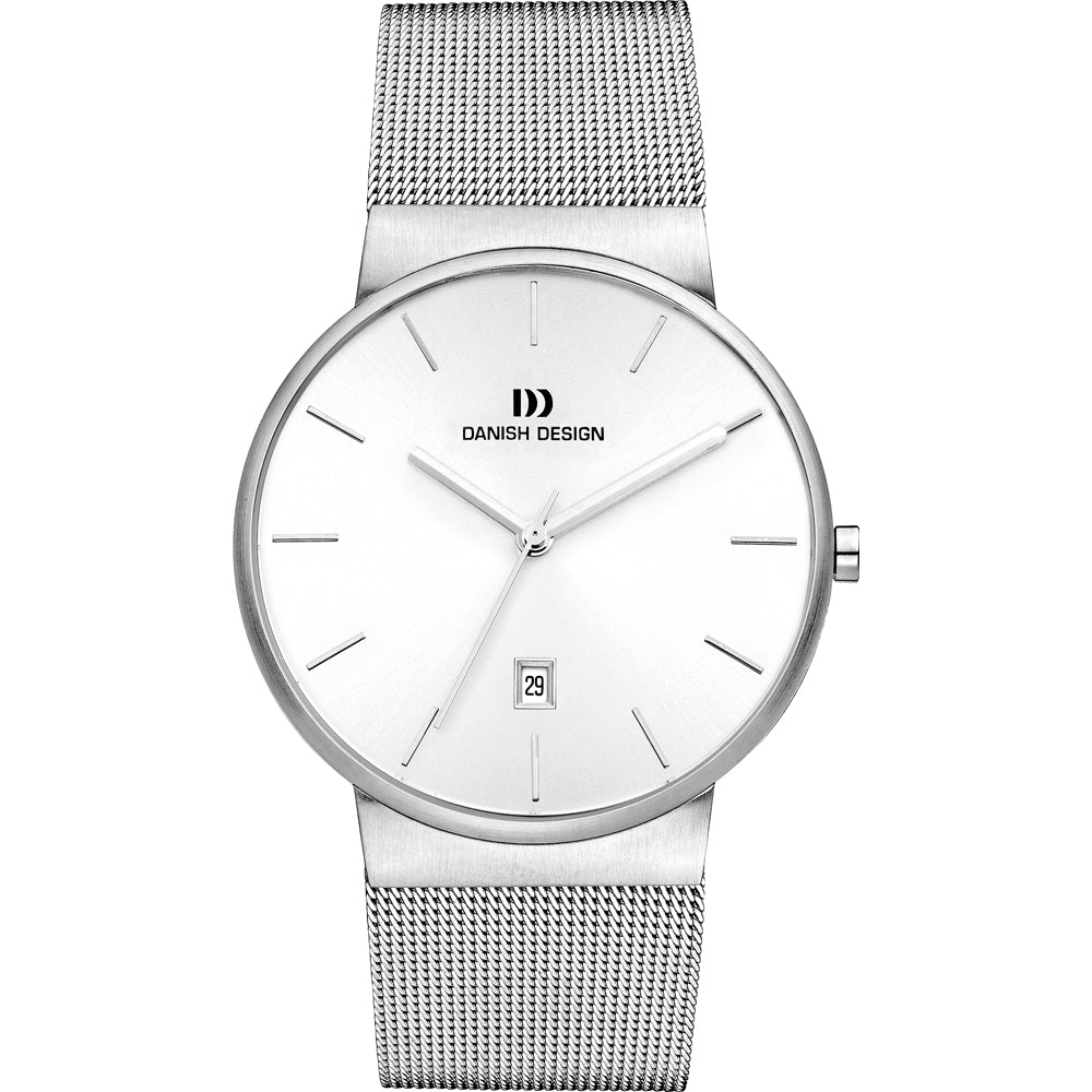 Zilveren horloge met een witte wijzerplaat, mesh-band en een datumweergave op de 6-uurpositie.