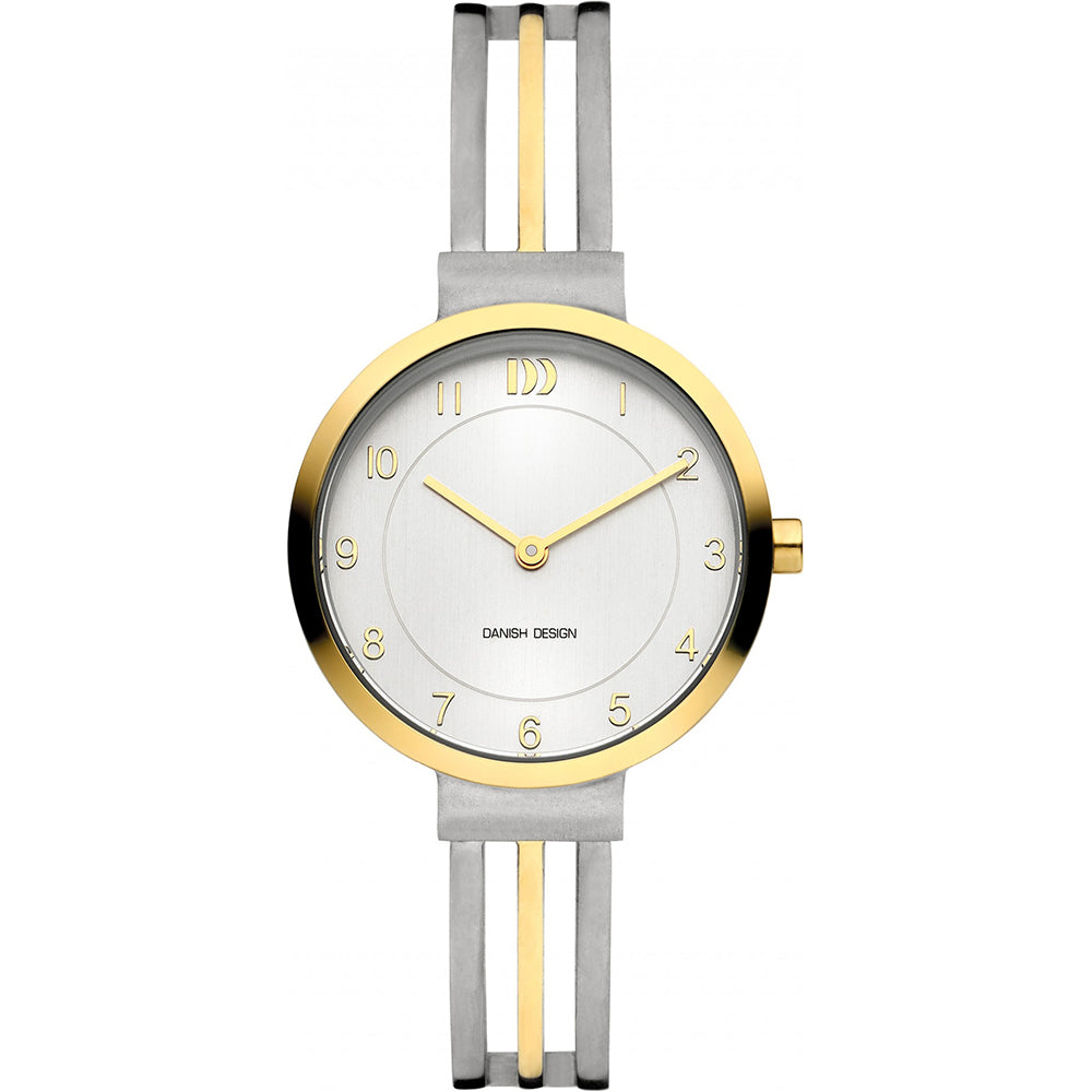 Gouden en zilveren horloge met een witte wijzerplaat en minimalistische cijfers.