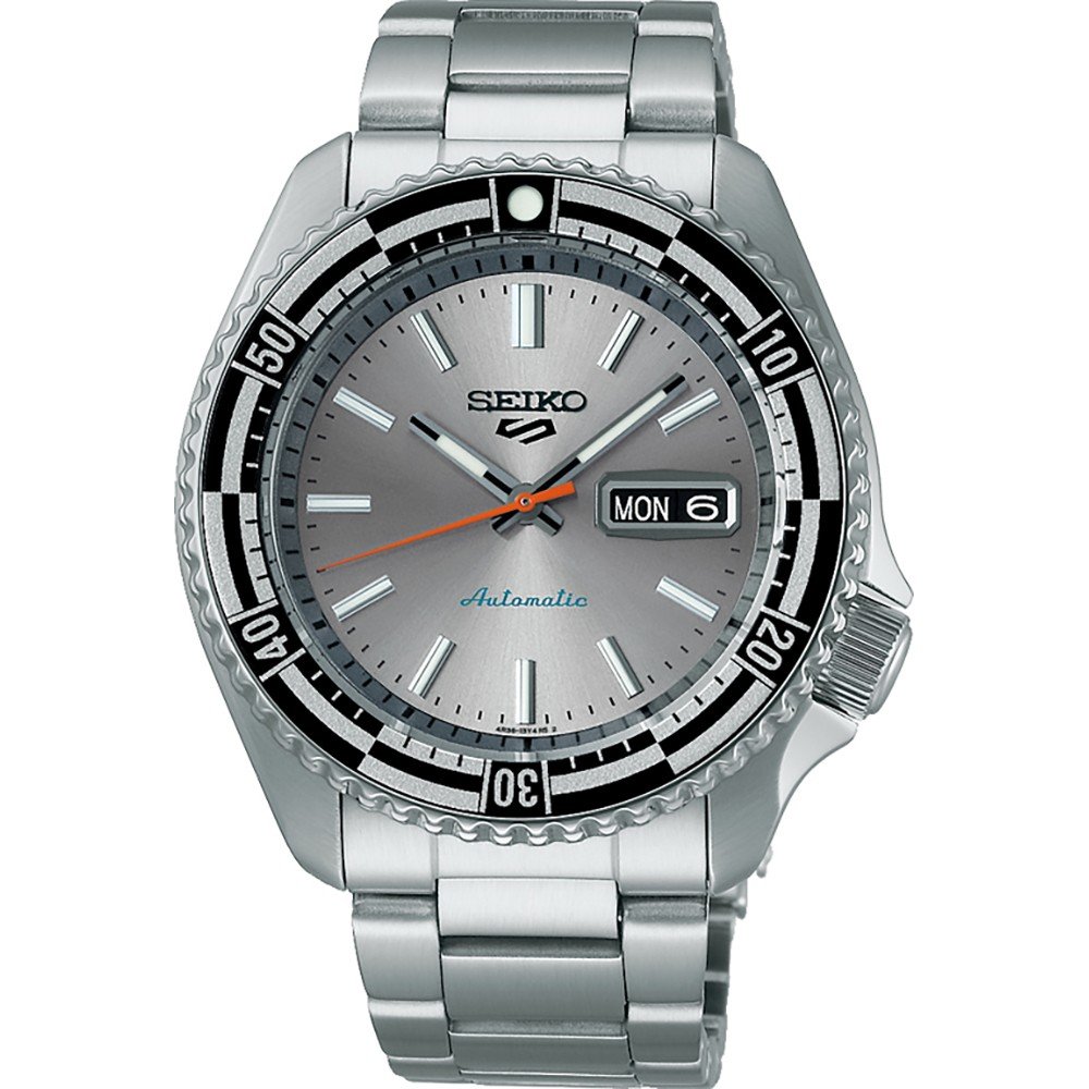 Zilveren heren horloge met automatische beweging, grijze wijzerplaat en zwarte bezel.