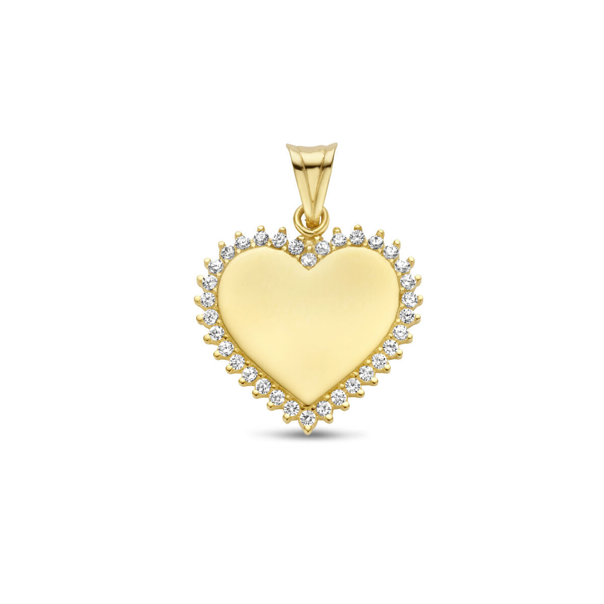 De Van der Kooij Collectie graveerhanger hart zirkonia van 14K geelgoud is een elegante dames sieraad, omlijst met sprankelende stenen-het perfecte cadeau voor Valentijnsdag.