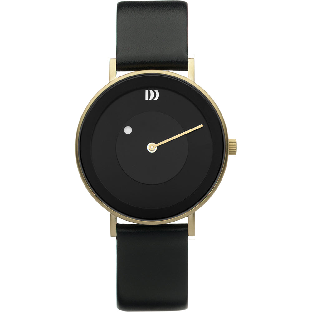 Zwart horloge met ronde wijzerplaat, gouden kast en zwarte leren band.