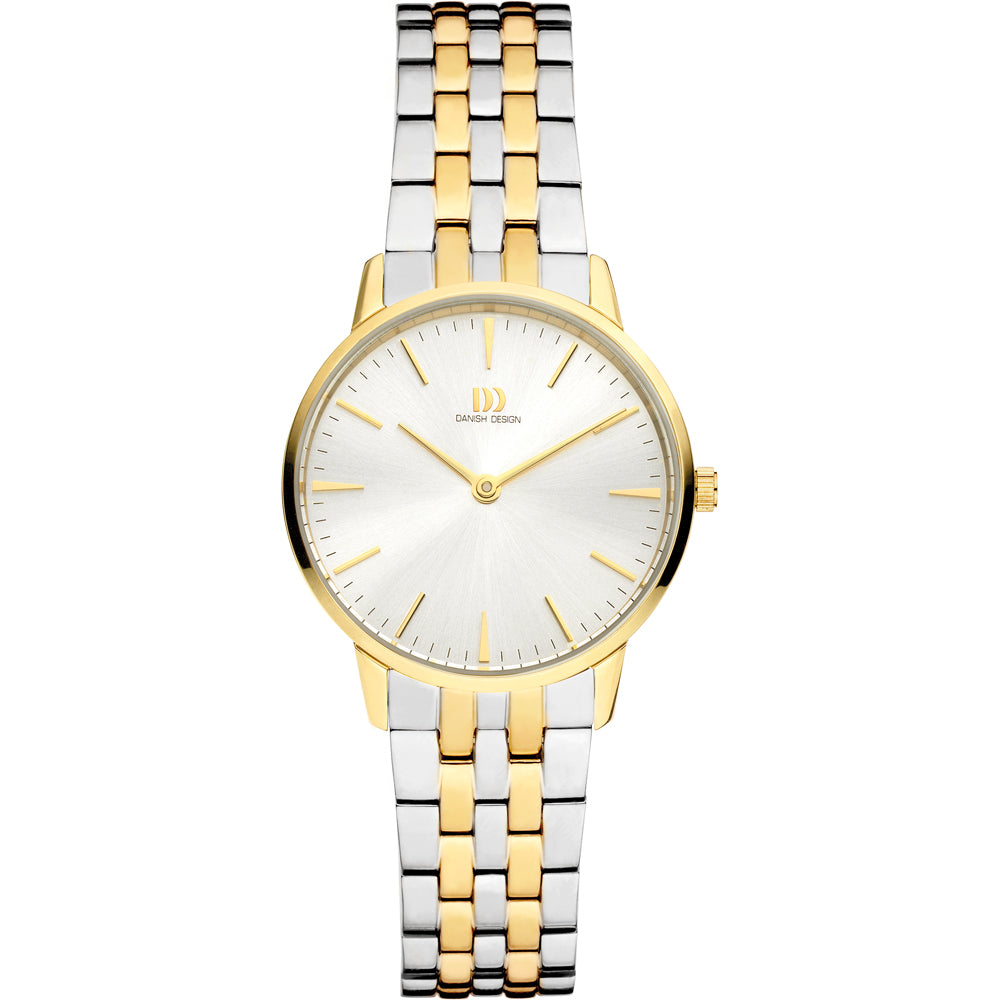 Gouden en zilveren horloge met een witte wijzerplaat en een metalen schakelband.