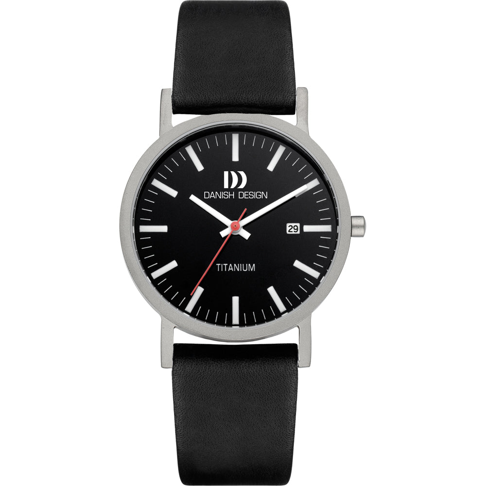 Zwart titanium horloge met een zwarte wijzerplaat, witte indexen en een zwarte leren band.