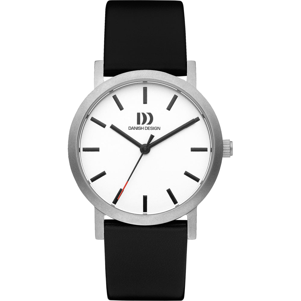 Zilveren horloge met witte wijzerplaat, zwarte leren band en eenvoudige indexmarkeringen.