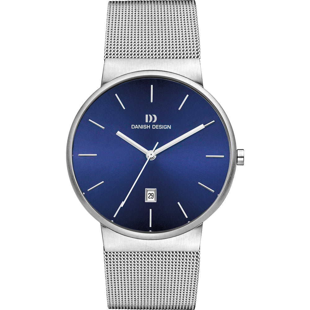 Zilveren horloge met een blauwe wijzerplaat, mesh-band en datumweergave.