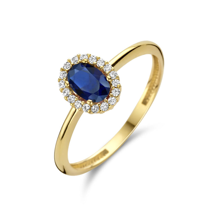 ring synth. sapphire and zirconia halo 14K yellow gold