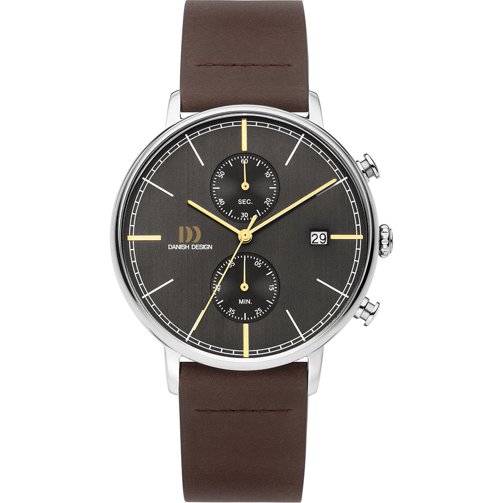 Heren horloge met grijze wijzerplaat, zilveren kast, bruine leren band en chronograaf functie.