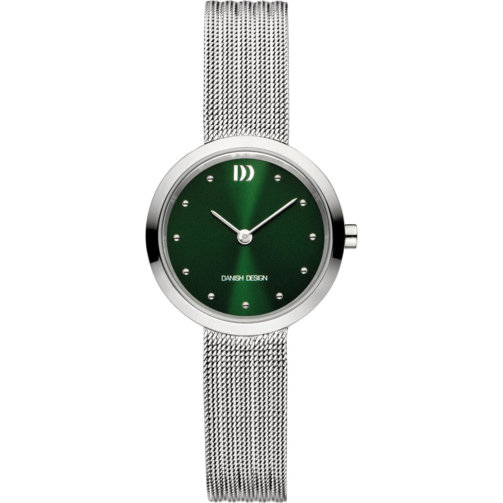 Zilveren horloge met groene wijzerplaat, mesh-band en steentjes als uurmarkeringen.