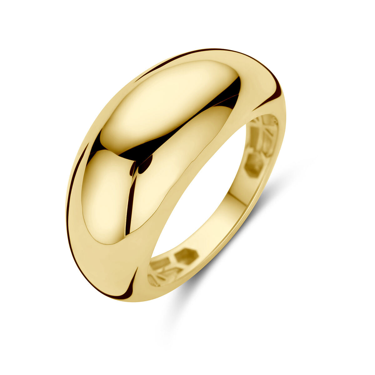 De ring 14K geelgoud uit de Van der Kooij Collectie heeft een gepolijst, breed design met een glad, afgerond oppervlak dat prachtig afsteekt tegen een witte achtergrond.