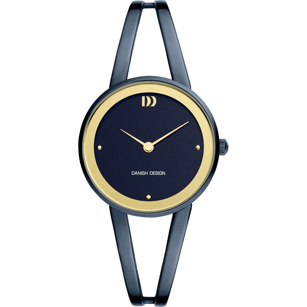 Zwart horloge met een ronde, gouden wijzerplaat en slanke, zwarte band.
