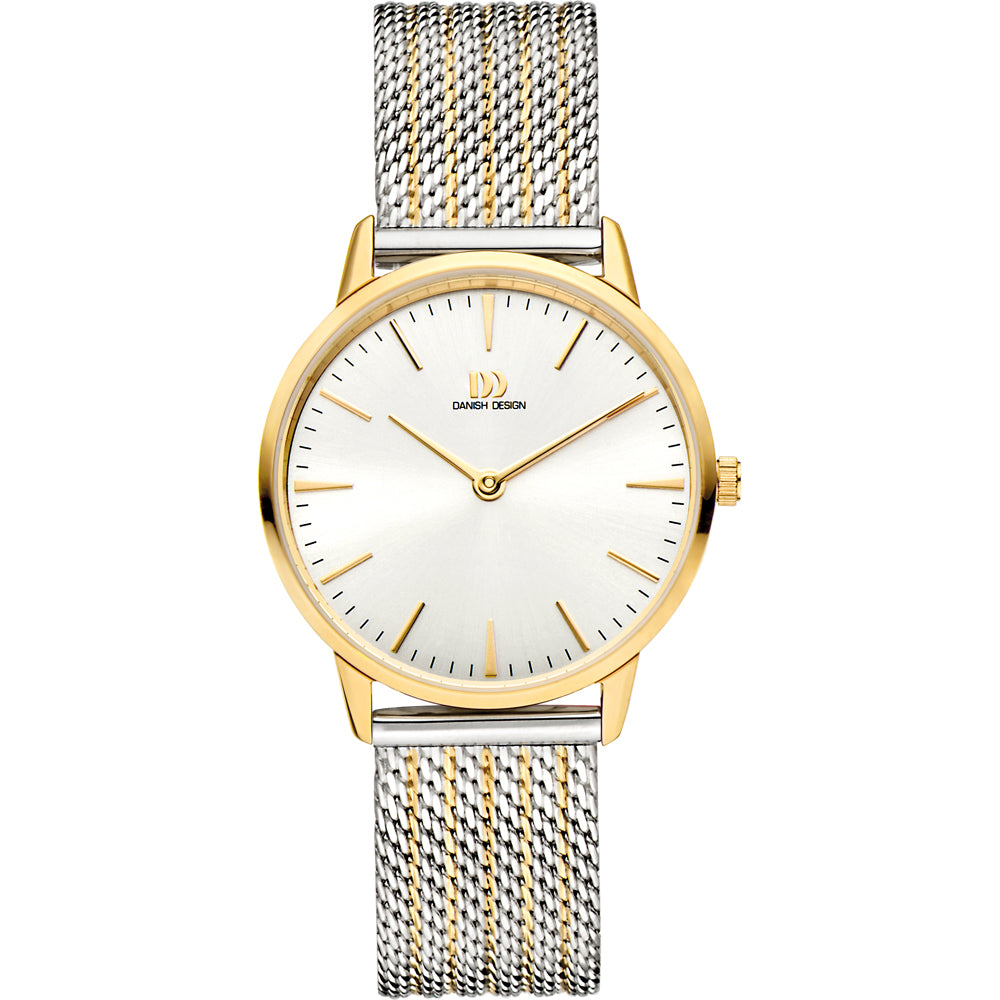 Gouden horloge met een zilveren mesh-band en een witte wijzerplaat met gouden indexen.