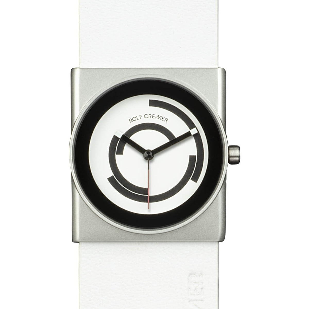 Wit vierkant horloge met een zilveren kast, zwarte en witte wijzerplaat en een leren band.