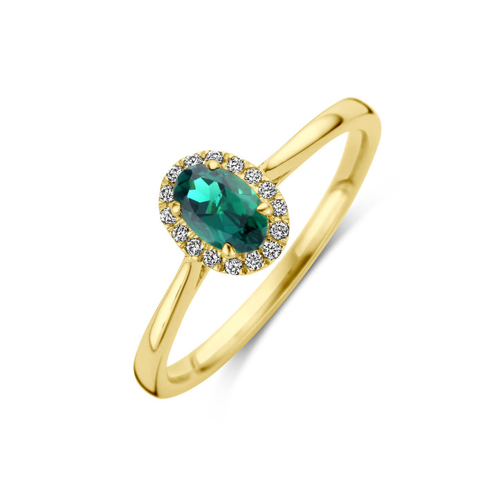 ring lab grown emerald and diamond 0.075ct h si halo 14K yellow gold