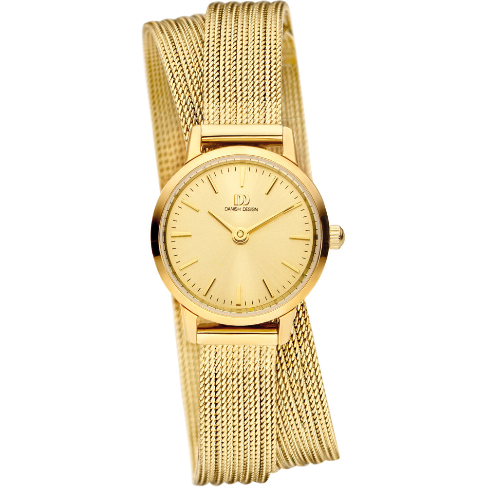 Gouden horloge met een ronde wijzerplaat en een mesh-band.
