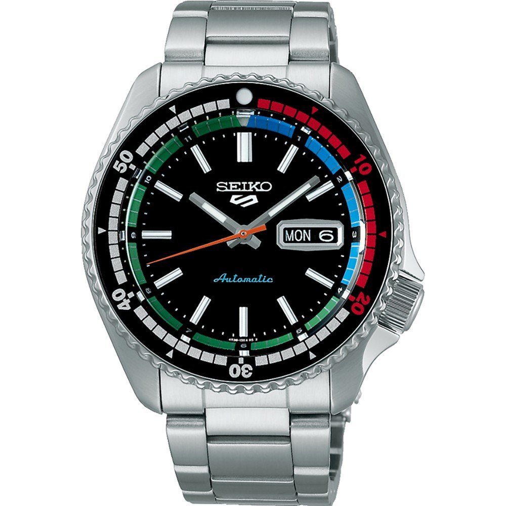 Zilveren heren horloge met zwarte wijzerplaat, automatische beweging en kleurrijke indexmarkeringen.