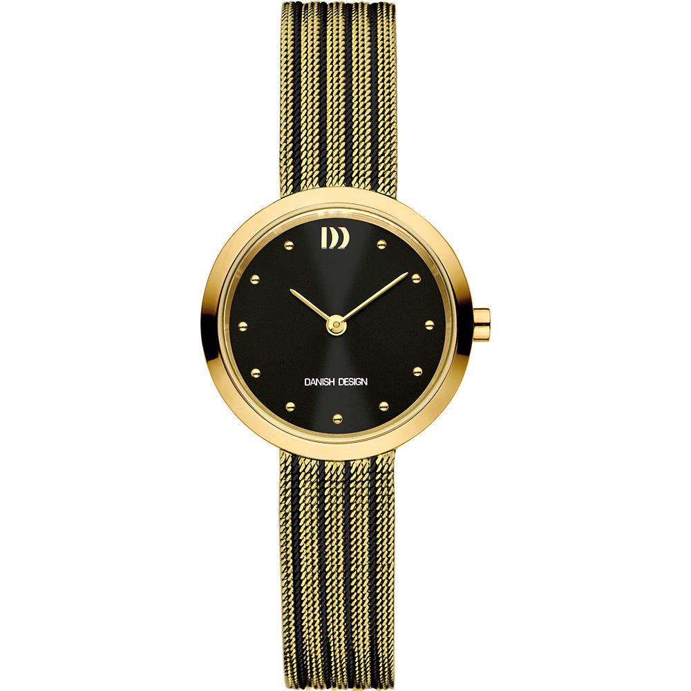 Gouden horloge met zwarte wijzerplaat en mesh-band, voorzien van stippen als uurmarkeringen.
