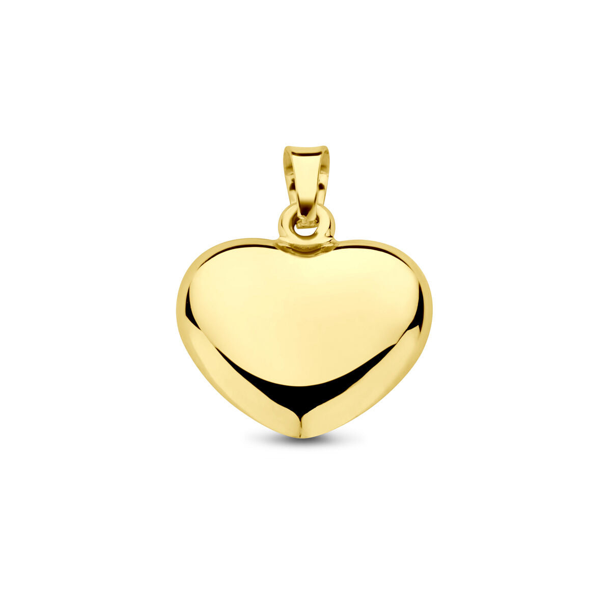 De hanger hart 14K geelgoud van Van der Kooij Collectie heeft een gepolijste, glanzende hartvorm met een glad oppervlak en een klein lusje, ideaal voor halskettingen-een perfect valentijnscadeau, afgebeeld op een witte achtergrond.