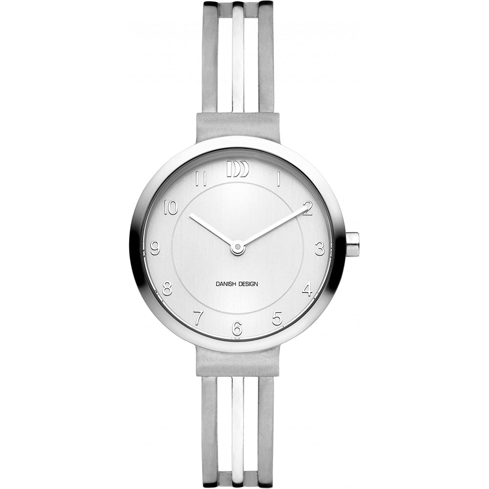 Zilveren horloge met een witte wijzerplaat en een slanke, gestreepte band.