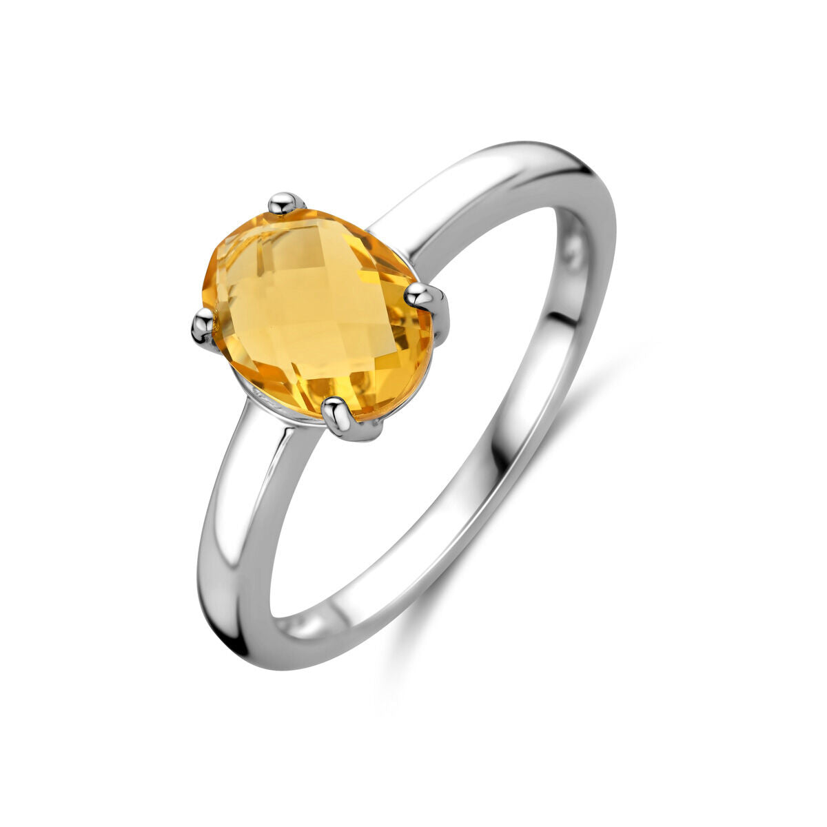 De Van der Kooij Collectie ring citrien zilver gerhodineerd heeft een ovale gele edelsteen in een viersprong zetting op gerhodineerd 925 zilver, afgebeeld tegen een witte achtergrond.